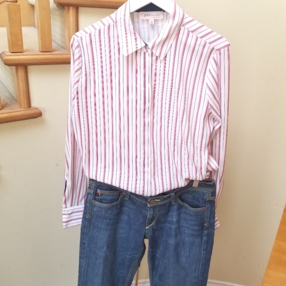 *2 for $15* White Stripe Button Down Long Sleeve Shirt Size M - Picture 2 of 7